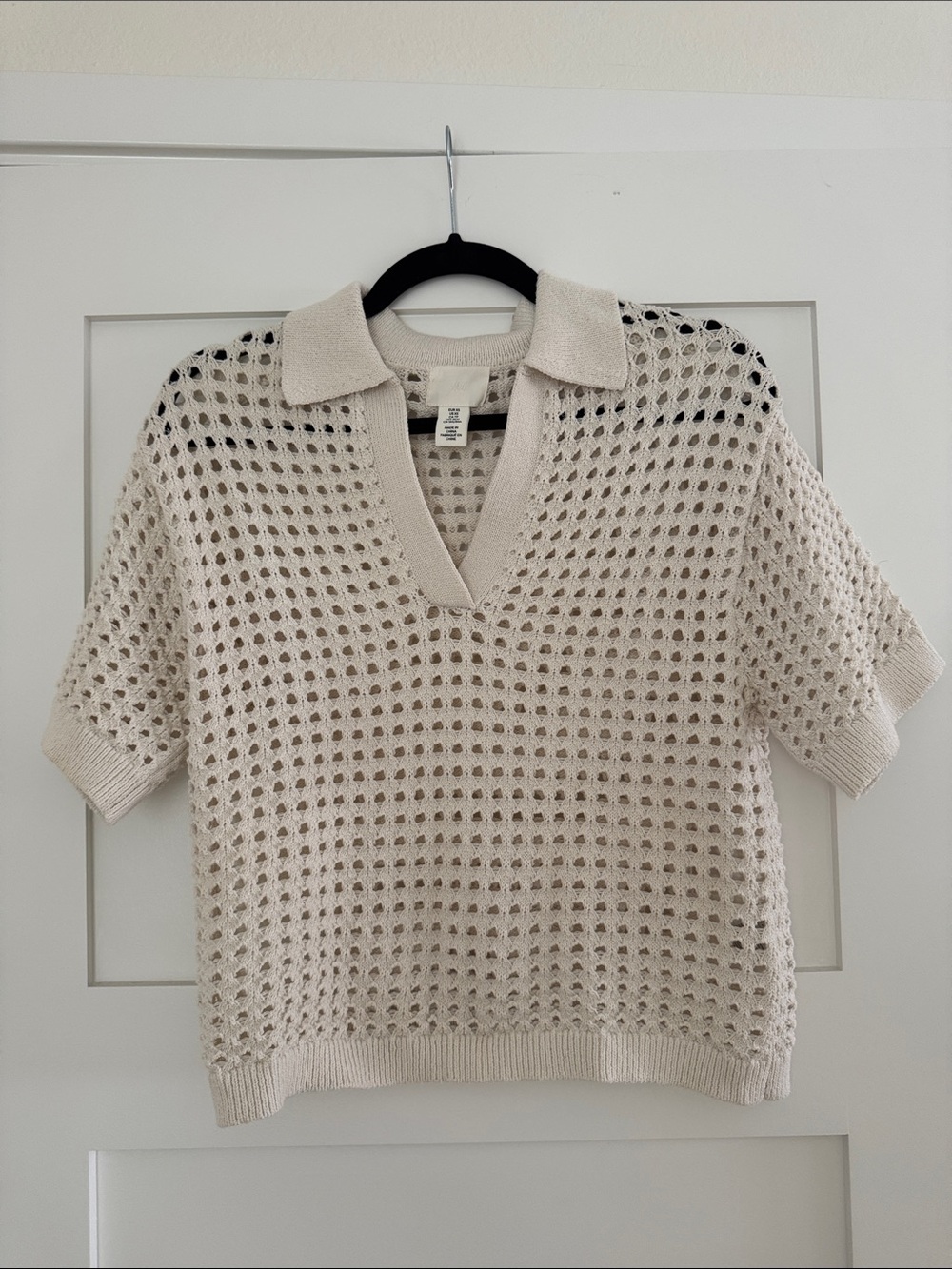 H&M Cream Open-Knit V-Neck Polo Sweater